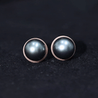 8MM Tahitian Black Pearl Solitaire Stud Earrings with Beaded Detail AAA - Rosec Jewels