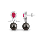 Ruby and Moissanite Teardrop Earrings with Tahitian Pearl Drop Ruby - ( AAA ) - Quality - Rosec Jewels