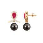 Ruby and Moissanite Teardrop Earrings with Tahitian Pearl Drop Ruby - ( AAA ) - Quality - Rosec Jewels