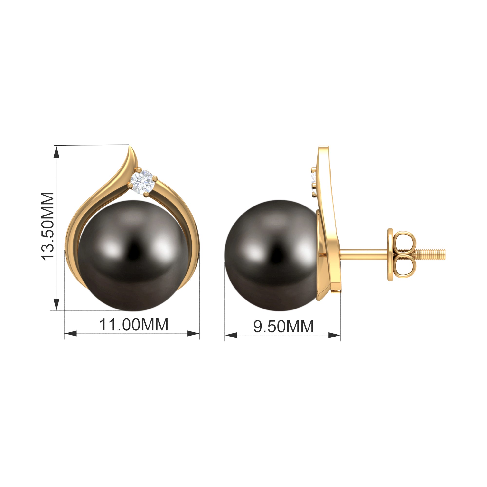 Elegant Black Pearl Solitaire Stud Earrings with Diamond Tahitian pearl - ( AAA ) - Quality - Rosec Jewels