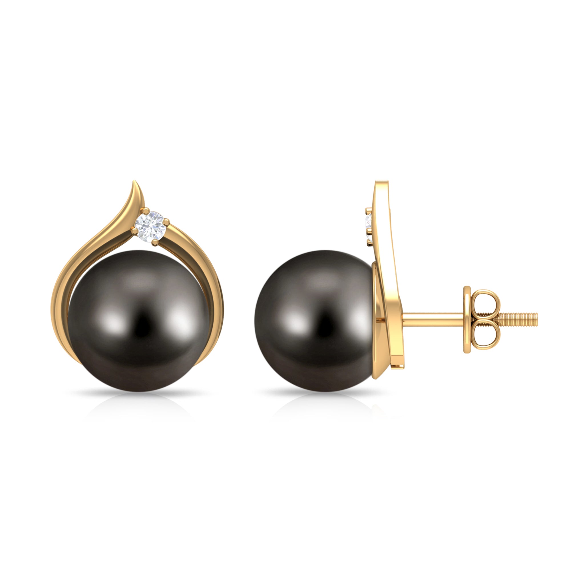 Elegant Black Pearl Solitaire Stud Earrings with Diamond Tahitian pearl - ( AAA ) - Quality - Rosec Jewels