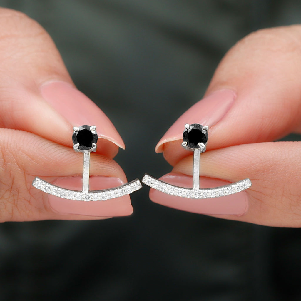 Rosec Jewels - Round Black Onyx Front Back Earrings with Diamond