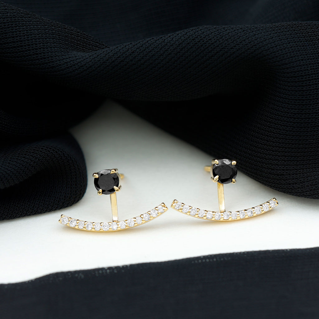 Rosec Jewels - Round Black Onyx Front Back Earrings with Diamond