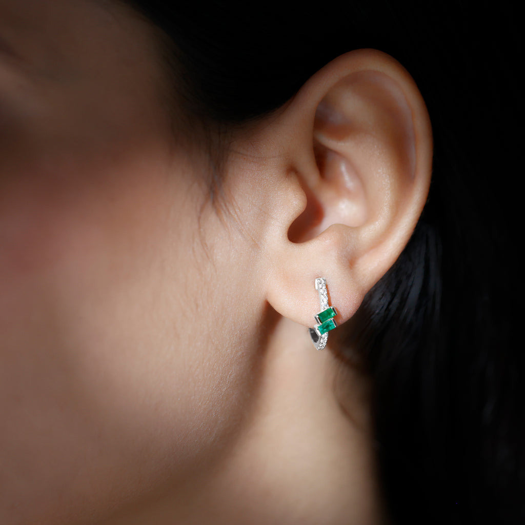 3/4 CT Bar Set Baguette Emerald and Diamond Minimal Hoop Earrings Emerald - ( AAA ) - Quality - Rosec Jewels