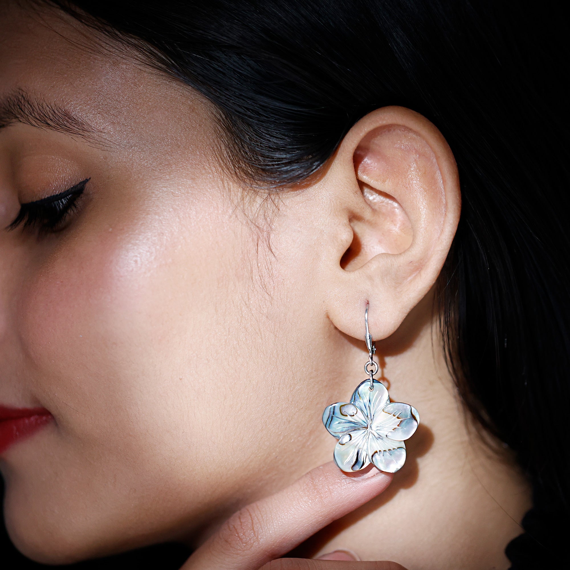 Mother of Pearl Hibiscus Flower Drop Earrings - Rosec Jewels