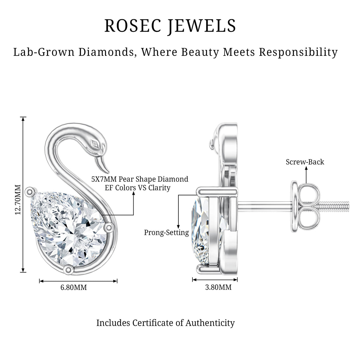 Certified Lab Grown Diamond Swan Stud Earrings Lab - ( EF-VS ) - Rosec Jewels