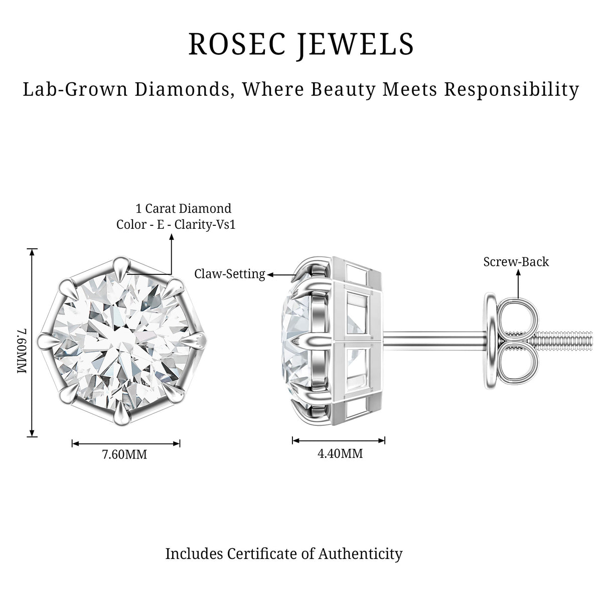 IGI Authenticated Lab Grown Diamond 2 Carat Stud Earrings with 8 Prongs Secure Setting Lab - ( E-VS1 ) - Rosec Jewels