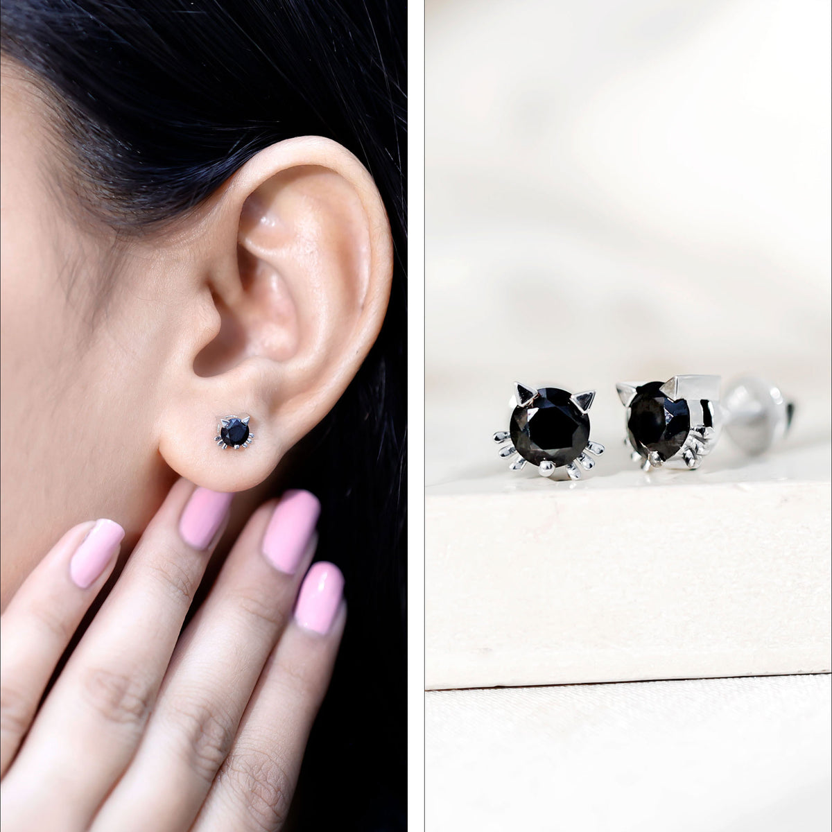 5MM Round Lab Created Black Diamond Cat Stud Earrings AAAA ( Synthetic ) - Rosec Jewels