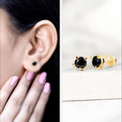 5MM Round Lab Created Black Diamond Cat Stud Earrings AAAA ( Synthetic ) - Rosec Jewels