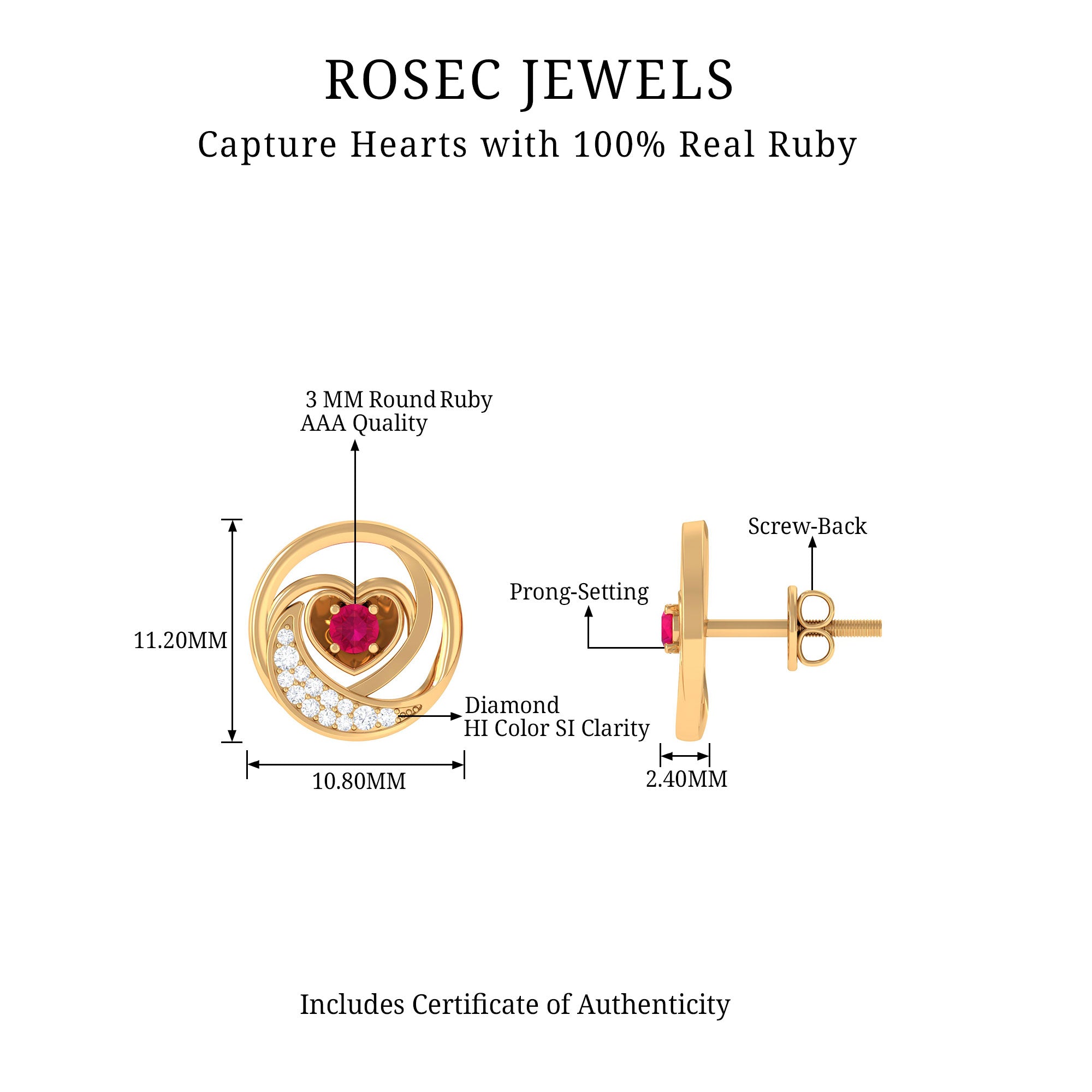 Genuine Ruby and Diamond Minimal Heart Stud Earrings Ruby - ( AAA ) - Quality - Rosec Jewels