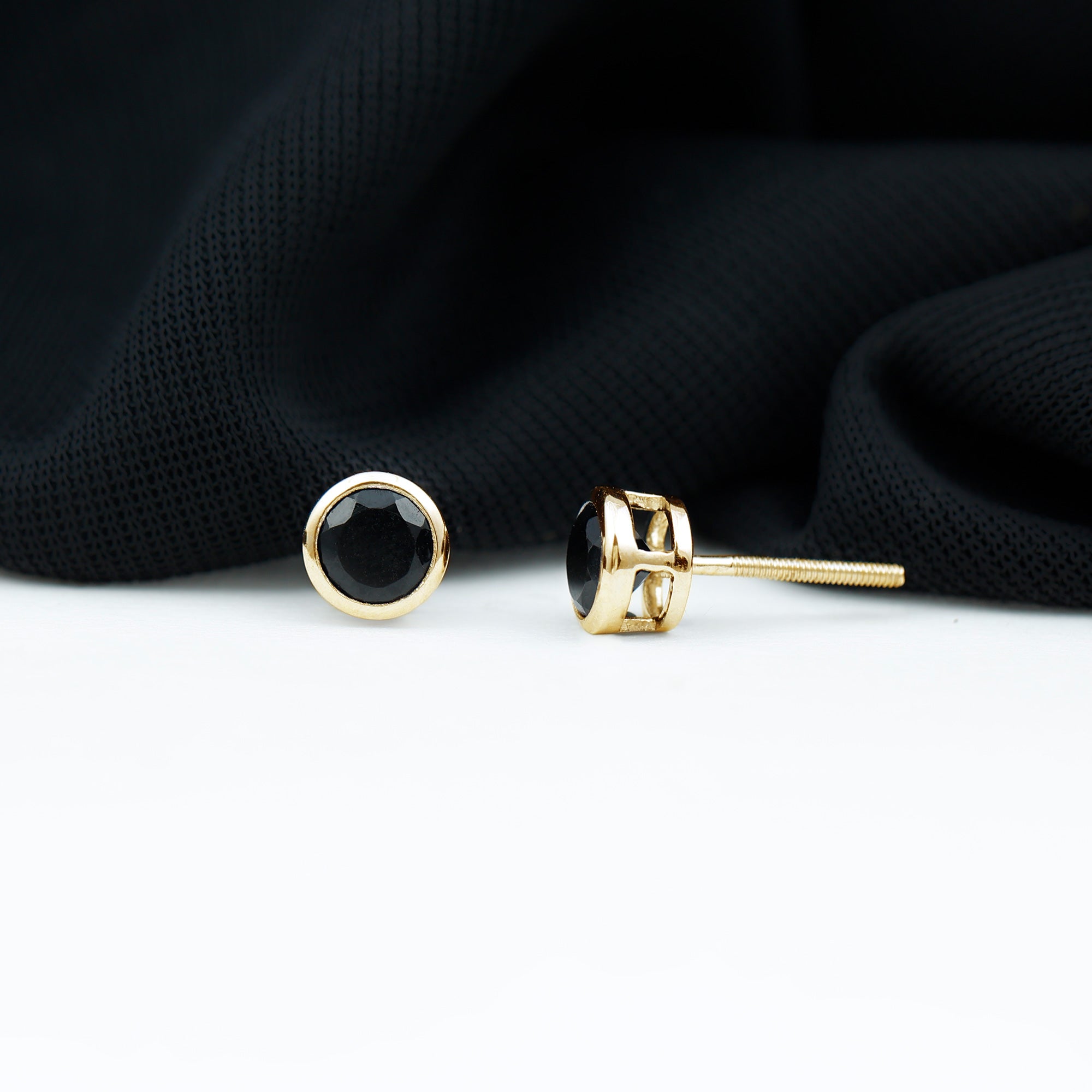 Black Onyx Solitaire Stud Earrings in Bezel Setting Black Onyx - ( AAA ) - Quality - Rosec Jewels