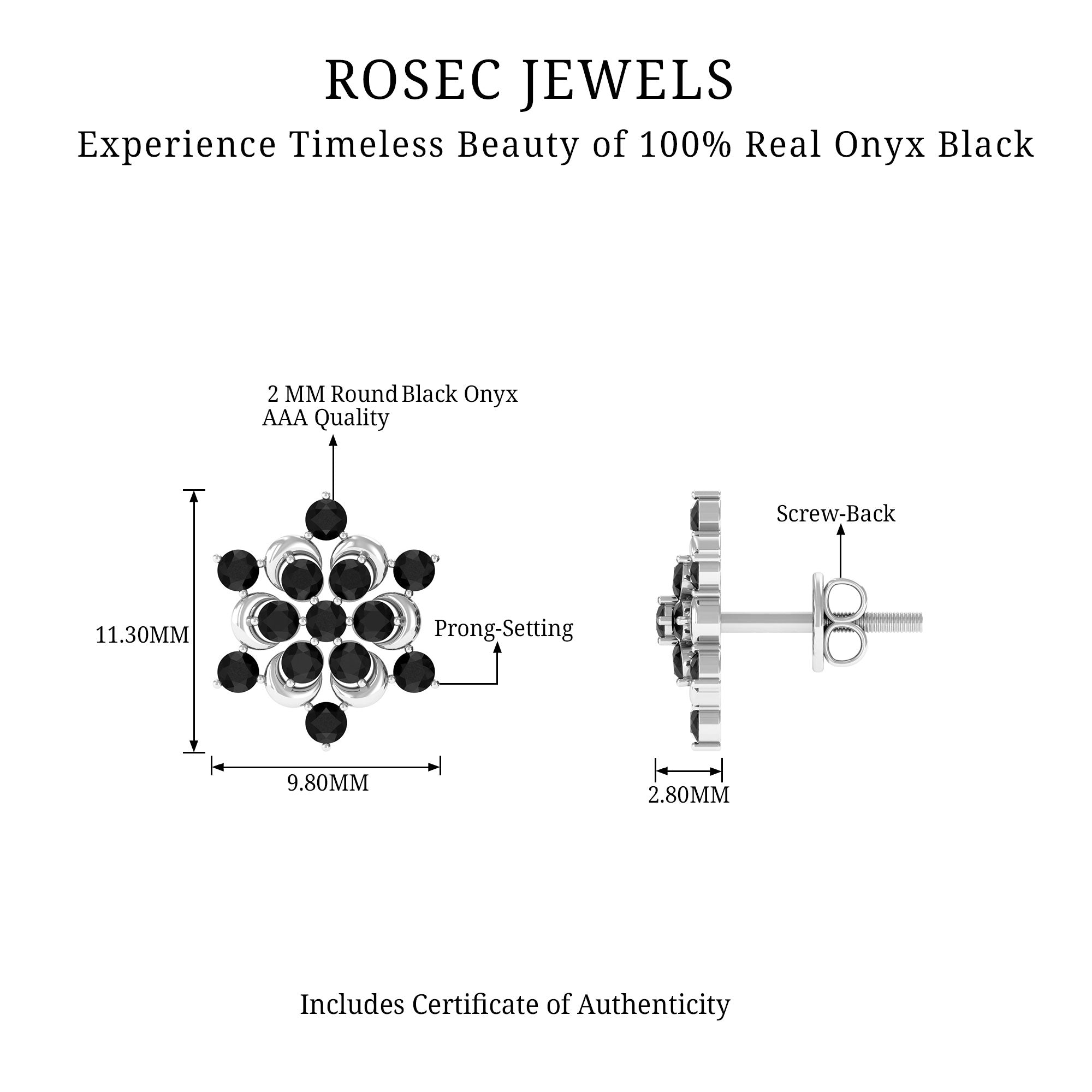 1/2 CT Black Onyx Statement Snowflake Stud Earrings Black Onyx - ( AAA ) - Quality - Rosec Jewels