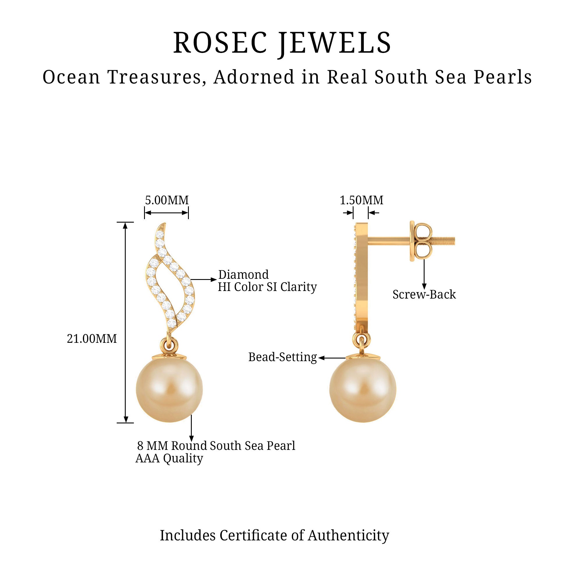 7 MM Elegant South Sea Pearl and Diamond Drop Earrings South Sea Pearl - ( AAA ) - Quality - Rosec Jewels