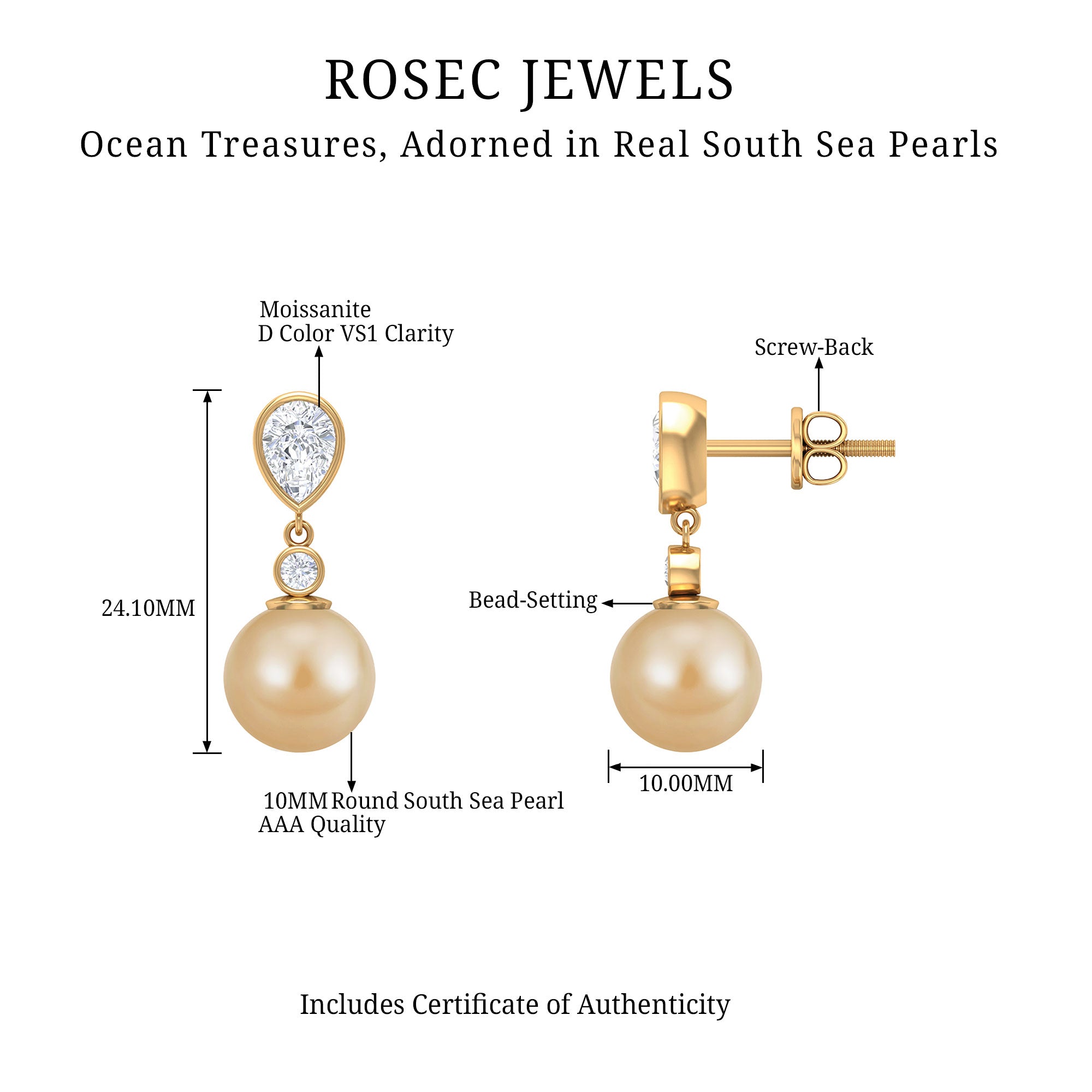 16.75 CT South Sea Pearl Drop Earrings with Moissanite South Sea Pearl - ( AAA ) - Quality - Rosec Jewels