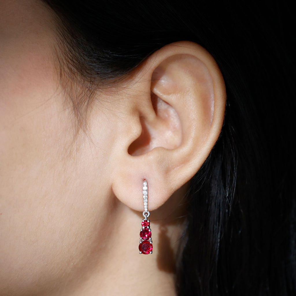 2.50 CT Lab Created Ruby Three Stone Silver Dangle Earrings with Moissanite - Rosec Jewels