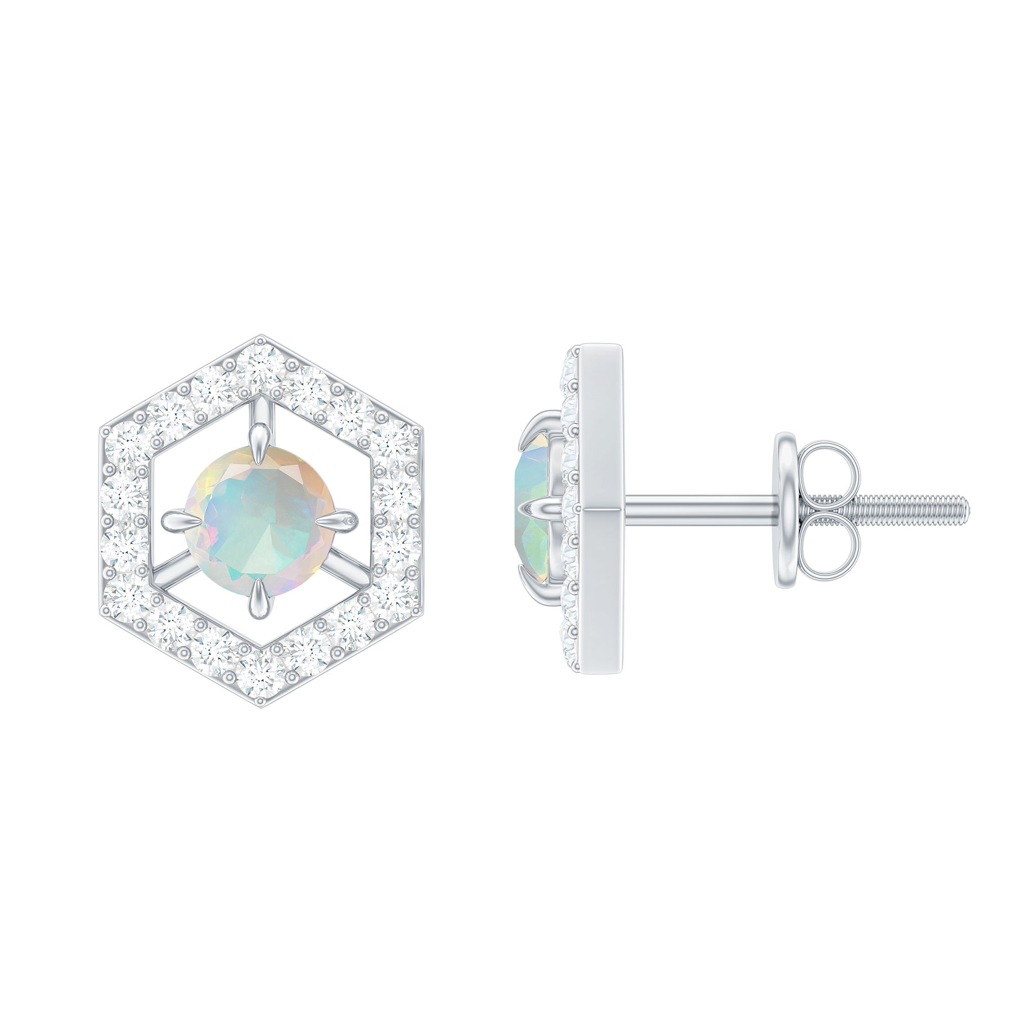 1 CT Minimal Ethiopian Opal and Diamond Geometric Stud Earrings Ethiopian Opal - ( AAA ) - Quality - Rosec Jewels
