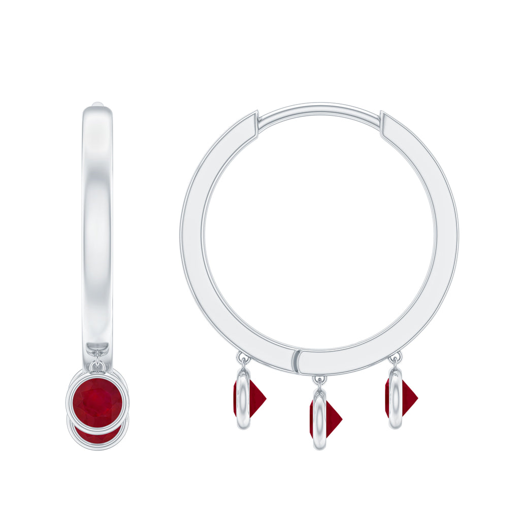 Ruby 3 Stone Hoop Drop Earrings in Bezel Setting Ruby - ( AAA ) - Quality - Rosec Jewels