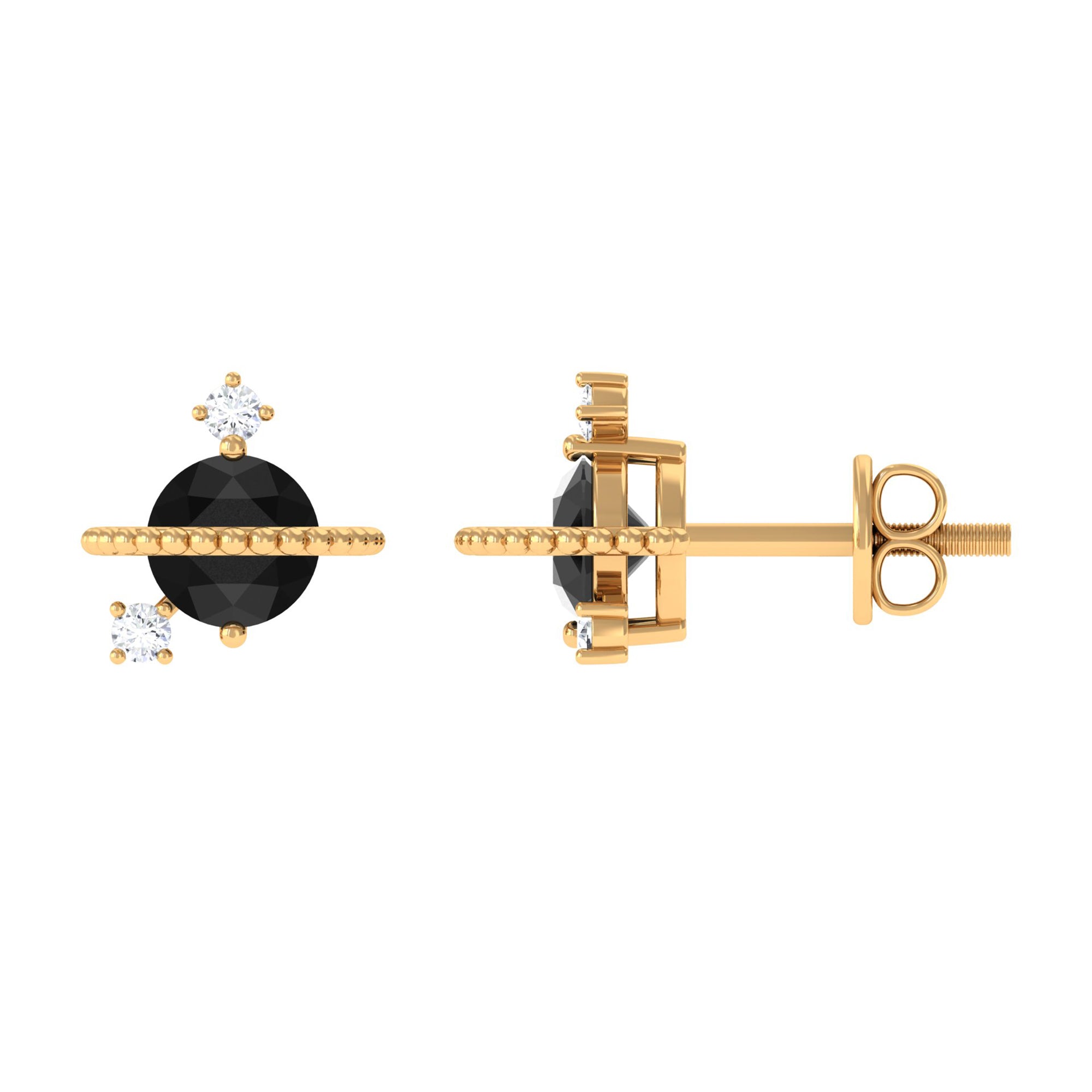 Black Onyx and Diamond Contemporary Stud Earrings Black Onyx - ( AAA ) - Quality - Rosec Jewels