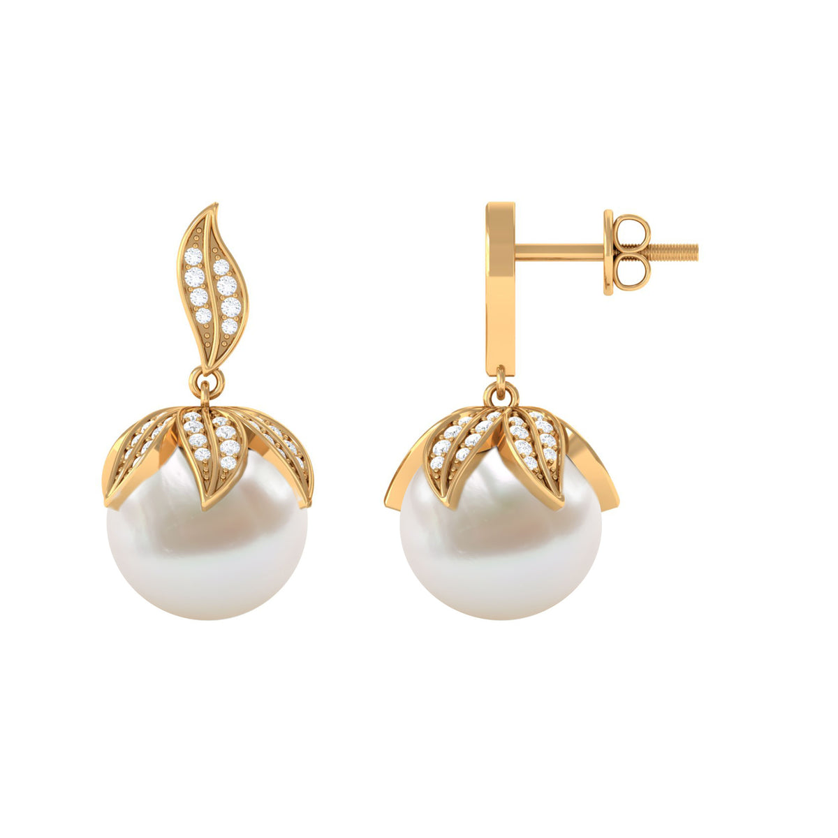 Nature Inspired Freshwater Pearl Drop Earrings with Diamond – Rosec Jewels