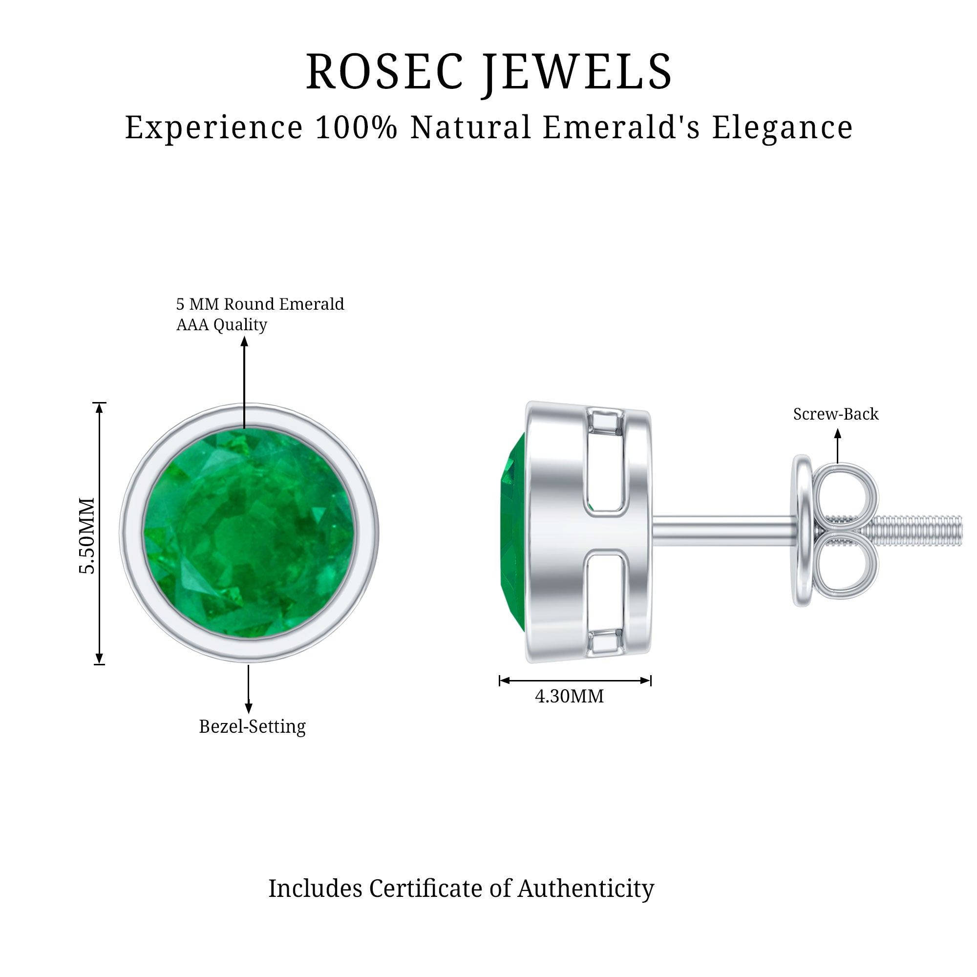 Bezel Set Round Emerald Solitaire Stud Earrings AAA - Rosec Jewels