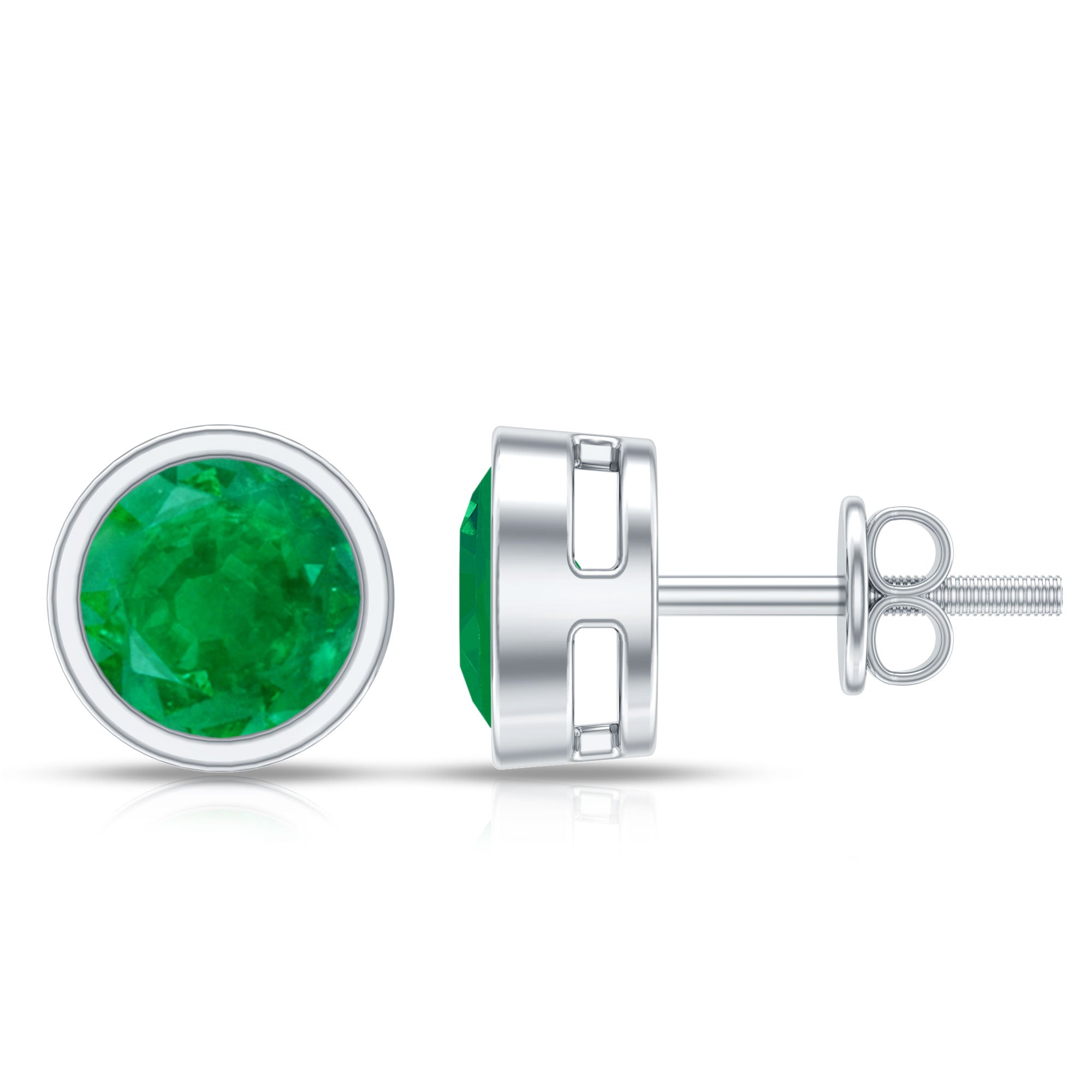 Bezel Set Round Emerald Solitaire Stud Earrings AAA - Rosec Jewels