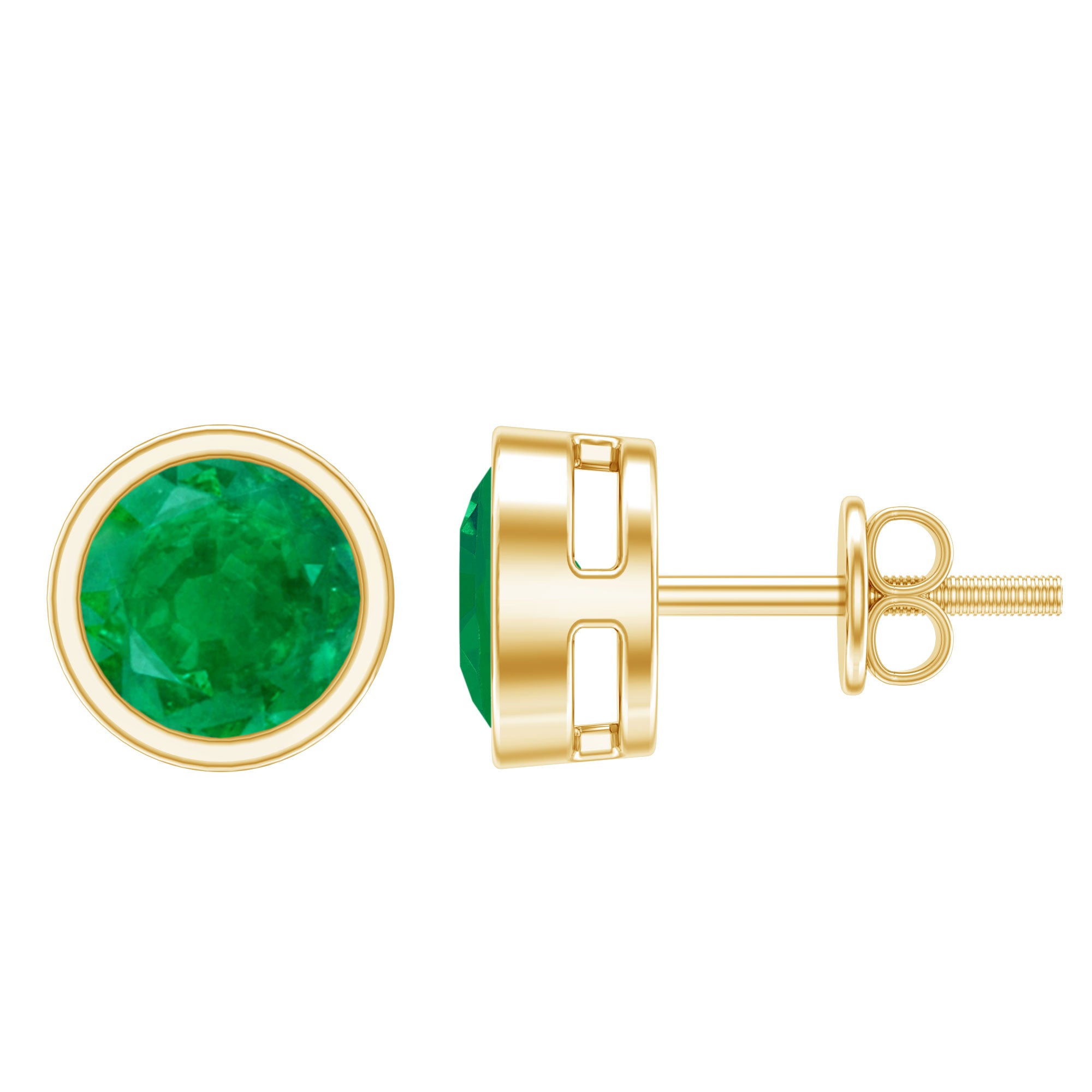 Bezel Set Round Emerald Solitaire Stud Earrings AAA - Rosec Jewels