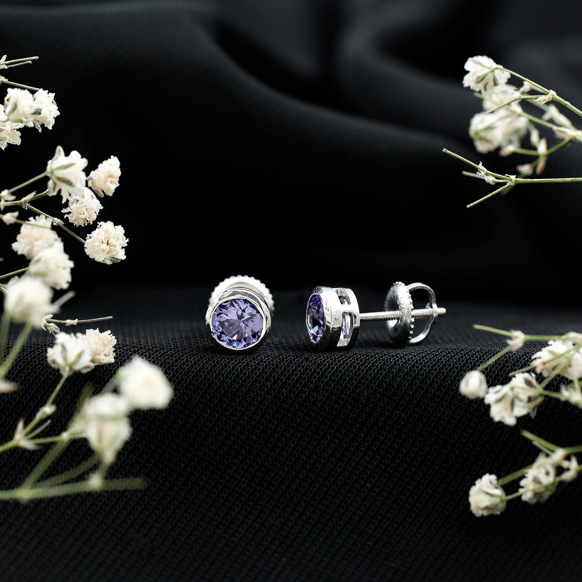 Natural 1 Carat Blue Tanzanite Solitaire Stud Earrings in Bezel Setting AAA - Rosec Jewels