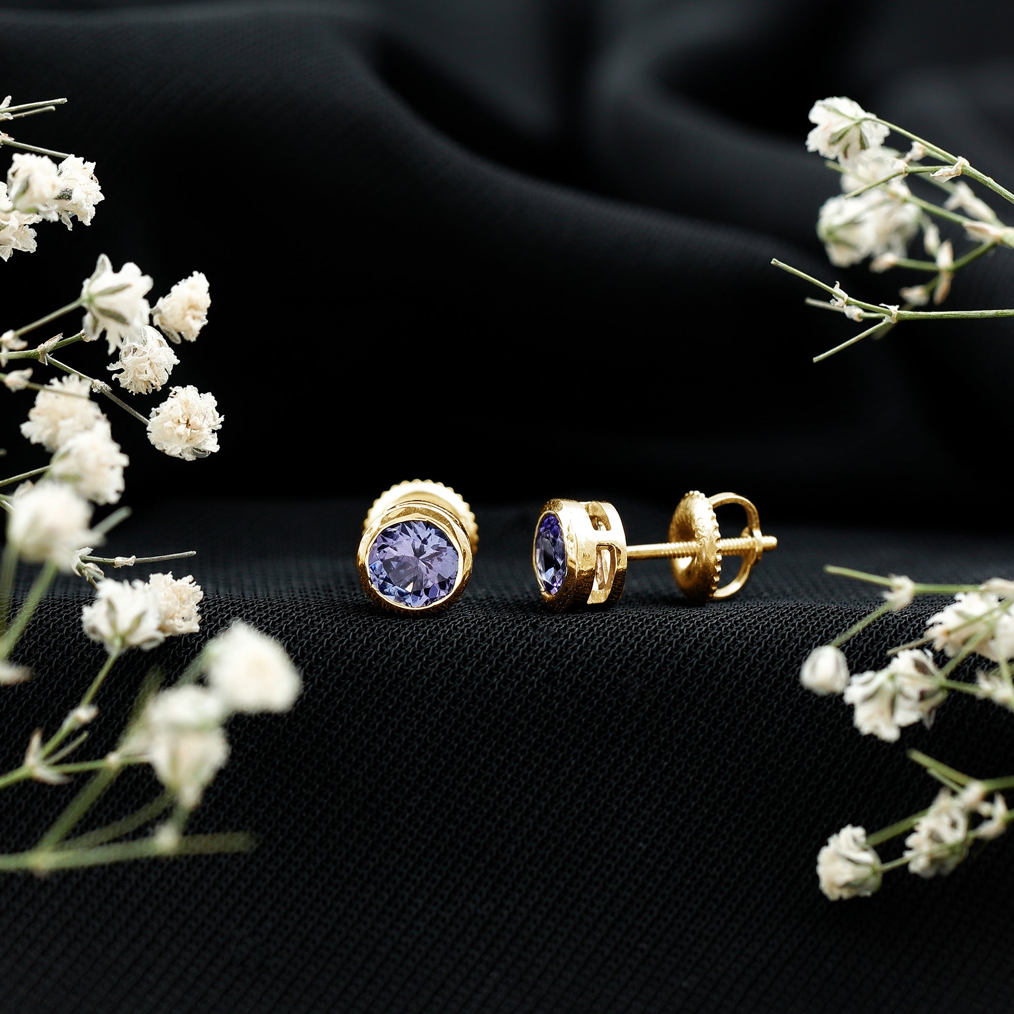 Natural 1 Carat Blue Tanzanite Solitaire Stud Earrings in Bezel Setting AAA - Rosec Jewels