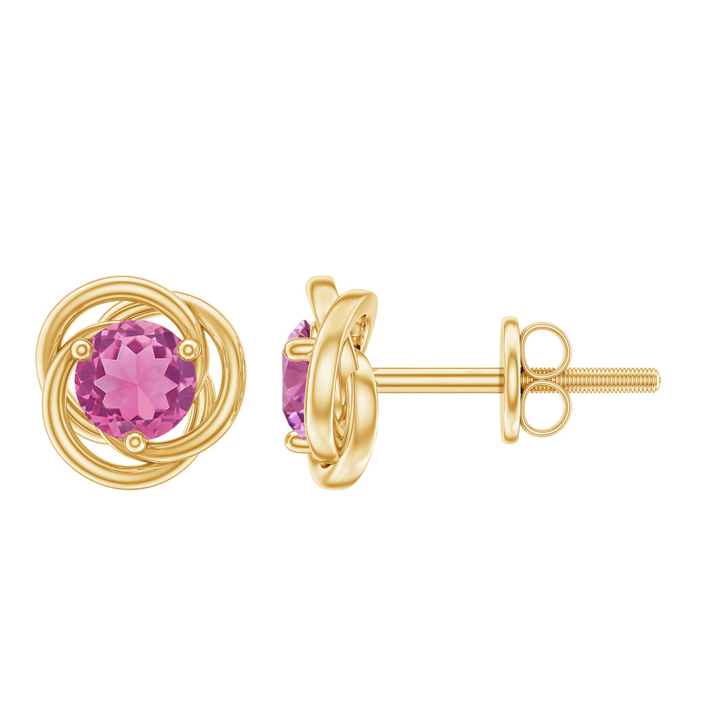 1 CT Solitaire Pink Tourmaline and Gold Swirl Stud Earrings Pink Tourmaline - ( AAA ) - Quality - Rosec Jewels