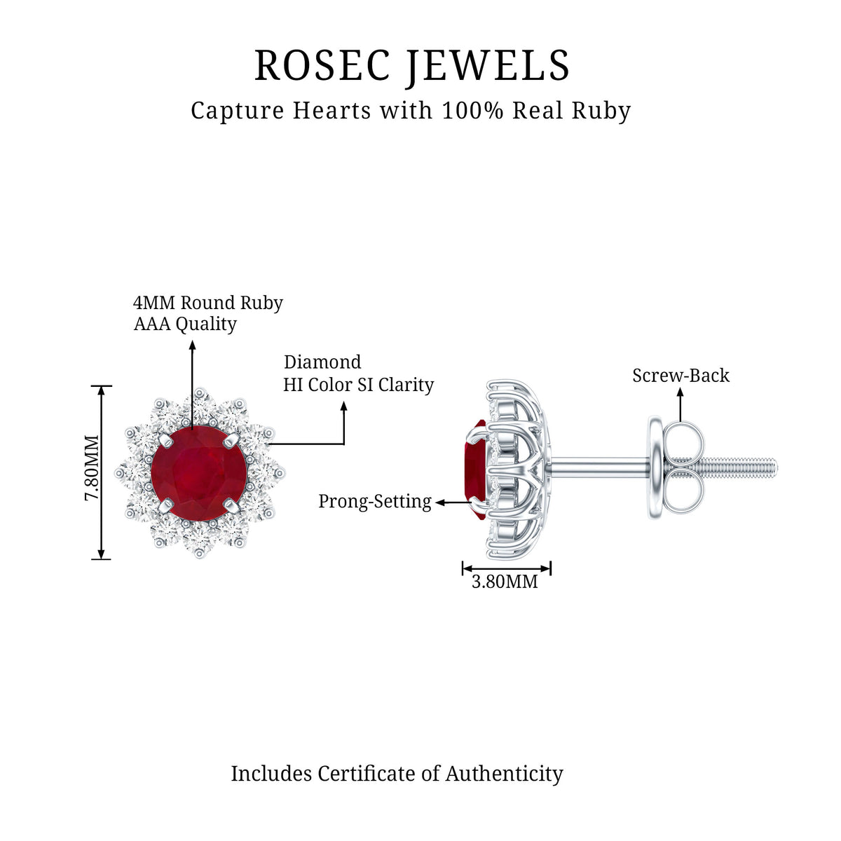 Natural 0.5 Ct Ruby Stud Earrings with Diamond Halo AAA - Rosec Jewels