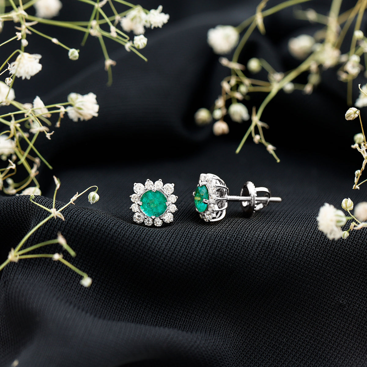 Real Emerald Stud Earrings with Diamond Halo AAA - Rosec Jewels