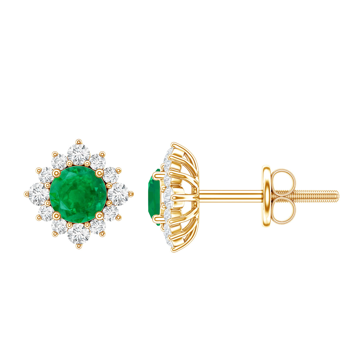 Real Emerald Stud Earrings with Diamond Halo AAA - Rosec Jewels