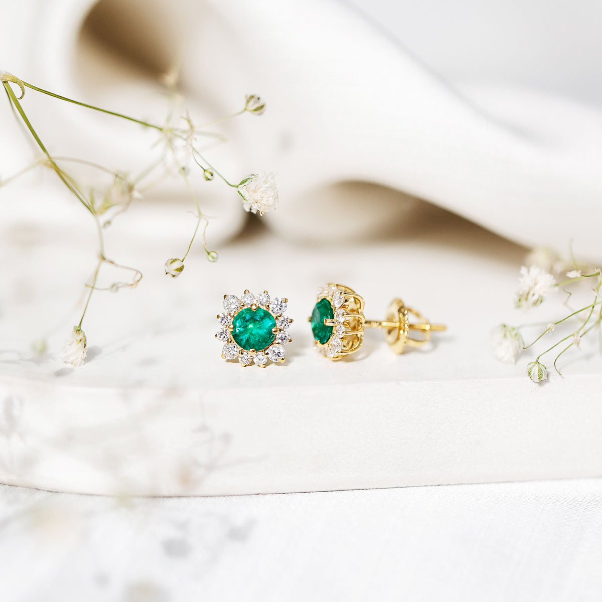 Real Emerald Stud Earrings with Diamond Halo AAA - Rosec Jewels
