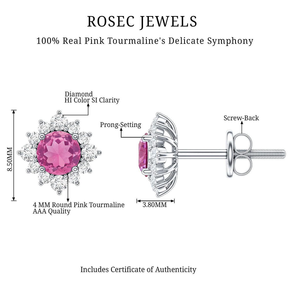 Round Pink Tourmaline Stud Earrings with Diamond Halo AAA - Rosec Jewels