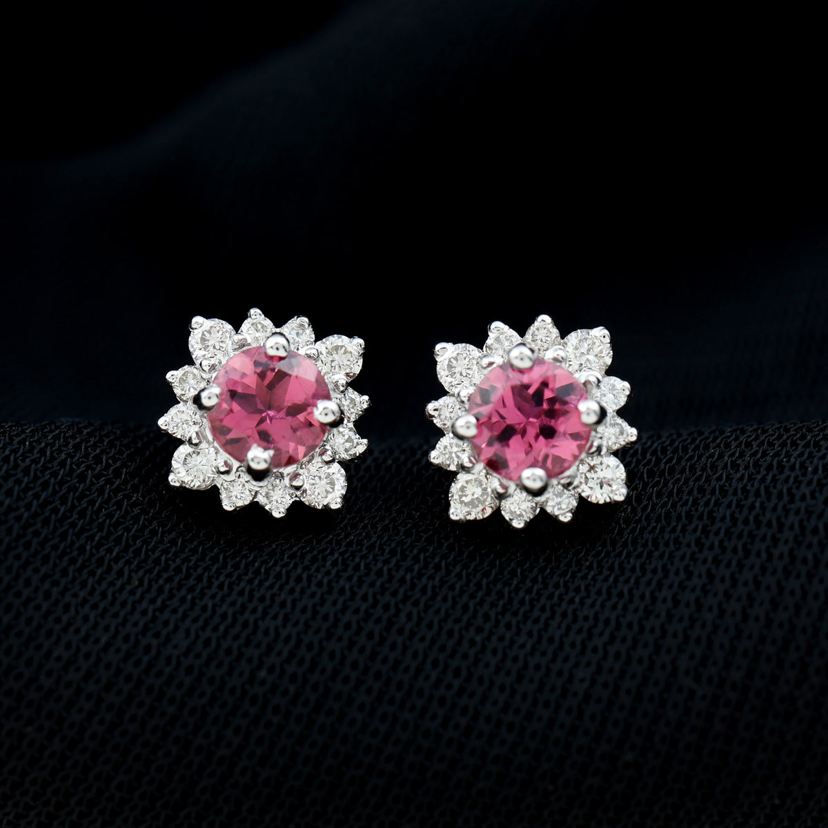 Round Pink Tourmaline Stud Earrings with Diamond Halo AAA - Rosec Jewels
