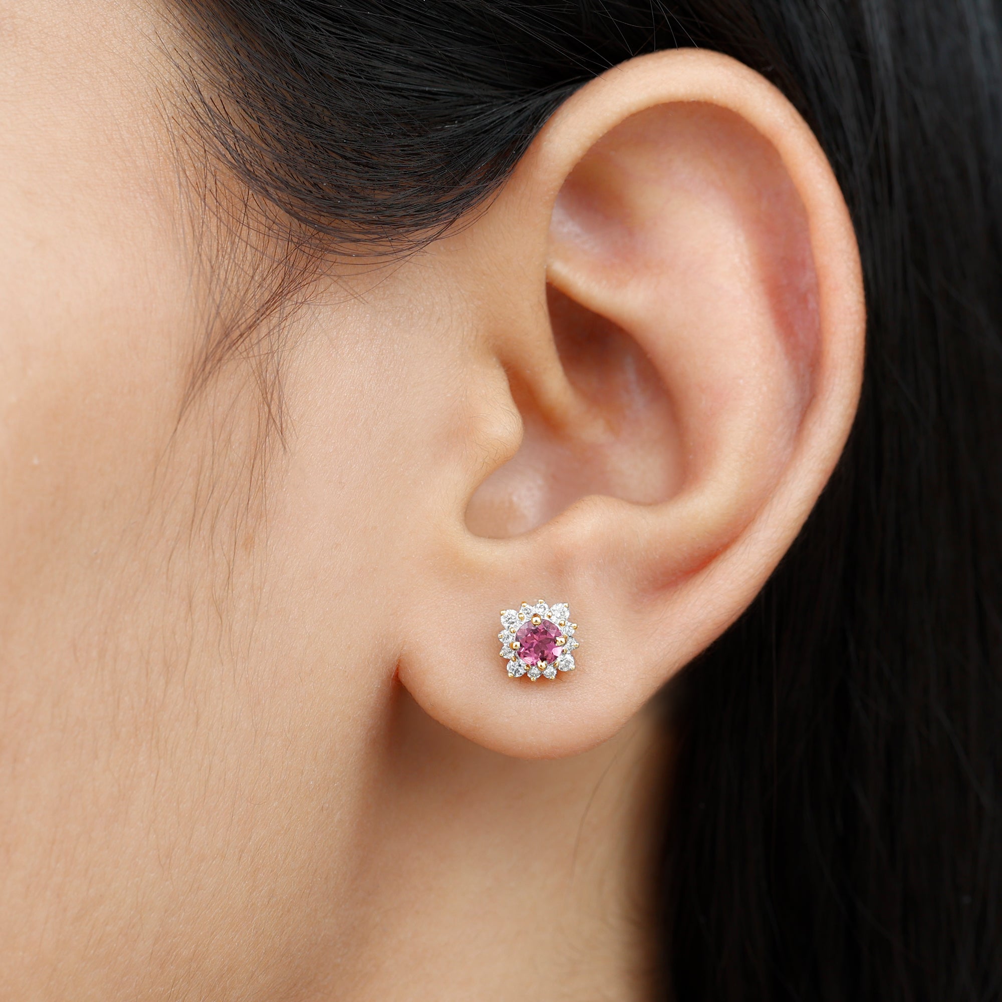 1 CT Classic Pink Tourmaline Stud Earrings with Diamond Halo Pink Tourmaline - ( AAA ) - Quality - Rosec Jewels