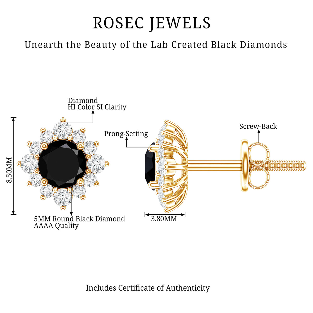 Round Lab Grown Black and White Diamond Halo Stud Earrings AAAA ( Synthetic ) - Rosec Jewels