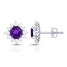 Genuine Amethyst Stud Earrings with Diamond Halo AAA - Rosec Jewels