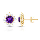 Genuine Amethyst Stud Earrings with Diamond Halo AAA - Rosec Jewels