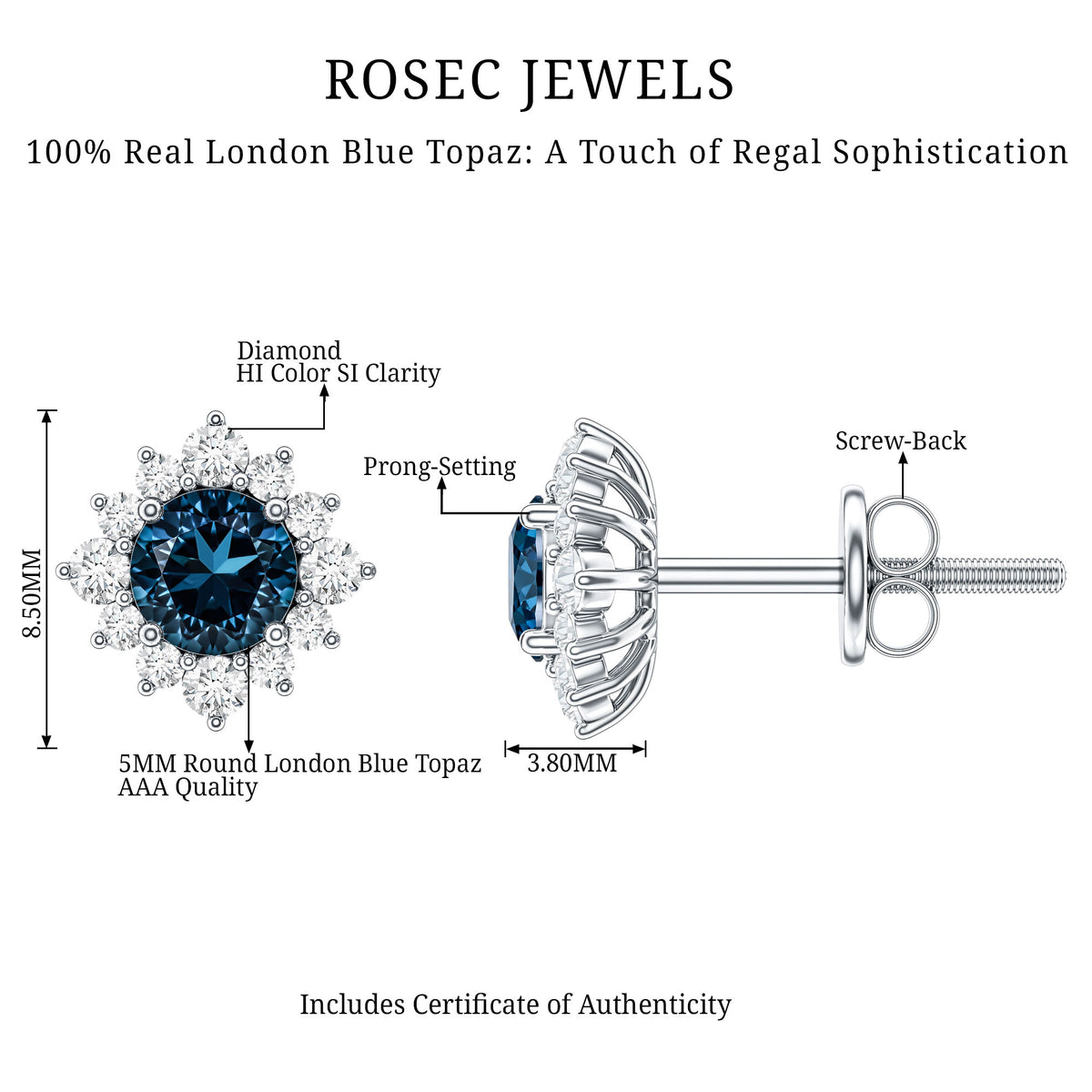 1.2 Carat Classic London Blue Topaz Stud Earrings with Diamond Halo AAA - Rosec Jewels