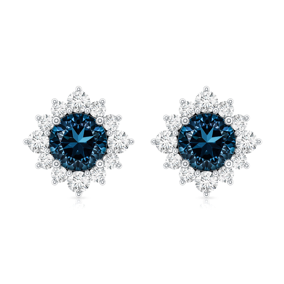 1.2 Carat Classic London Blue Topaz Stud Earrings with Diamond Halo AAA - Rosec Jewels