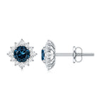 1.2 Carat Classic London Blue Topaz Stud Earrings with Diamond Halo AAA - Rosec Jewels