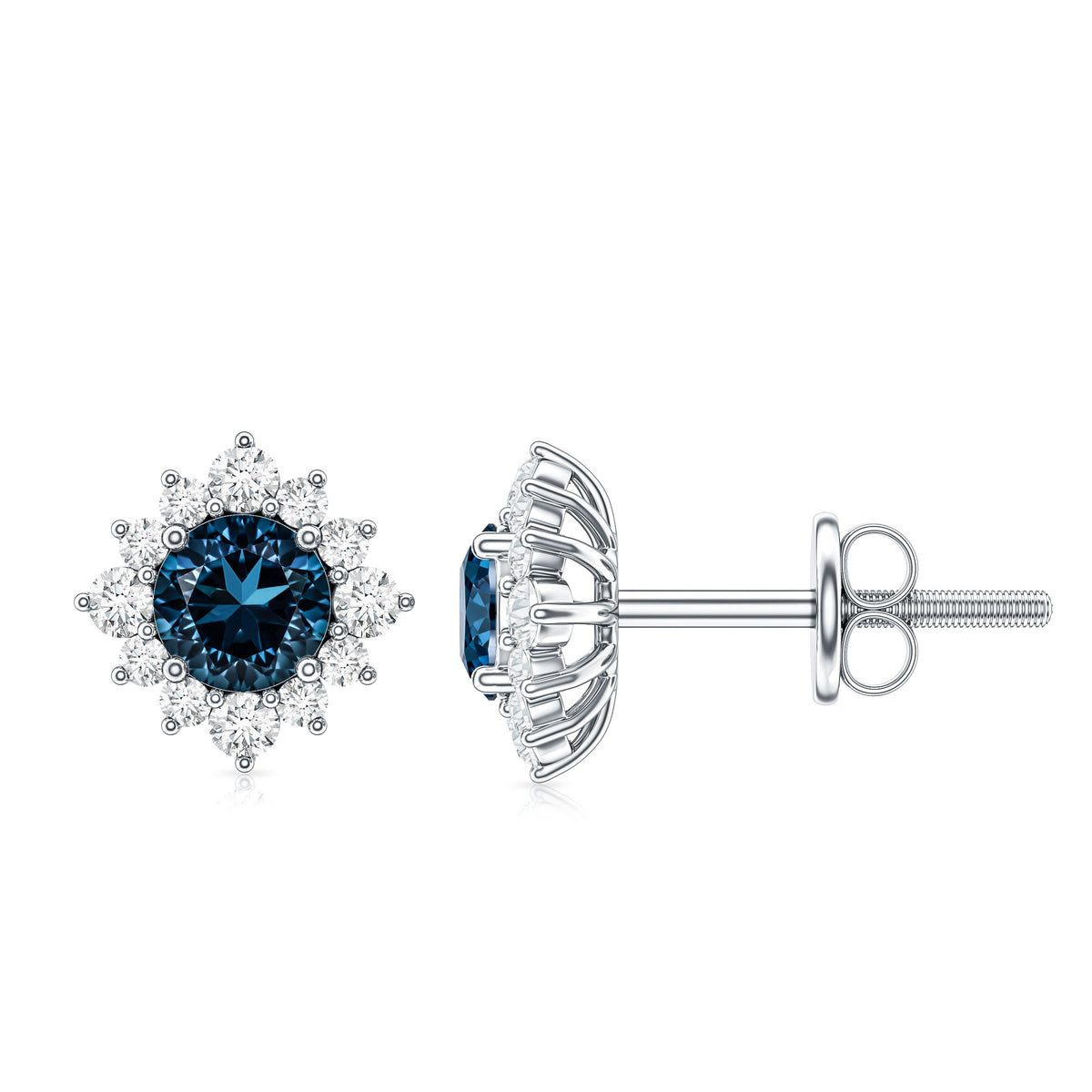 1.2 Carat Classic London Blue Topaz Stud Earrings with Diamond Halo AAA - Rosec Jewels