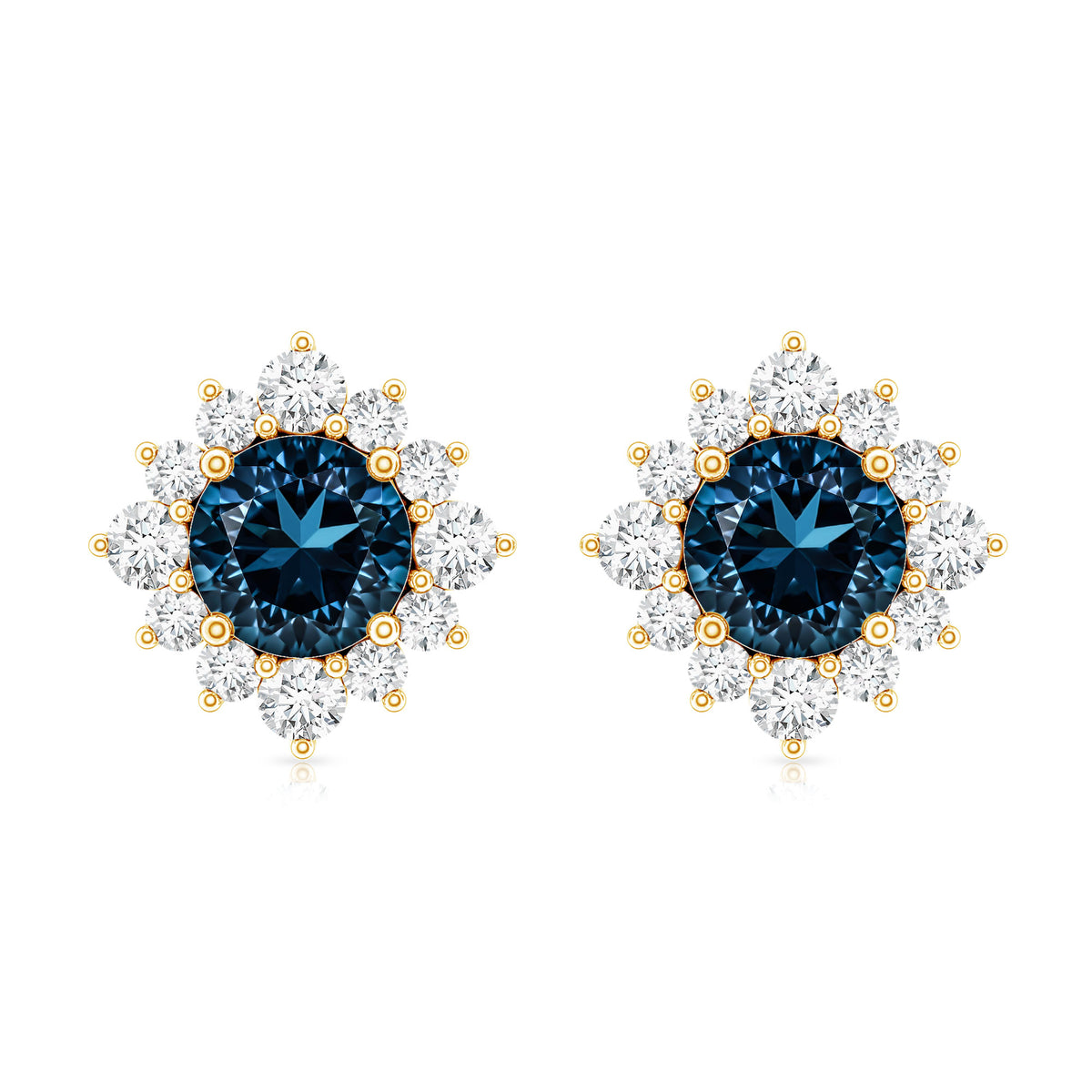 1.2 Carat Classic London Blue Topaz Stud Earrings with Diamond Halo AAA - Rosec Jewels