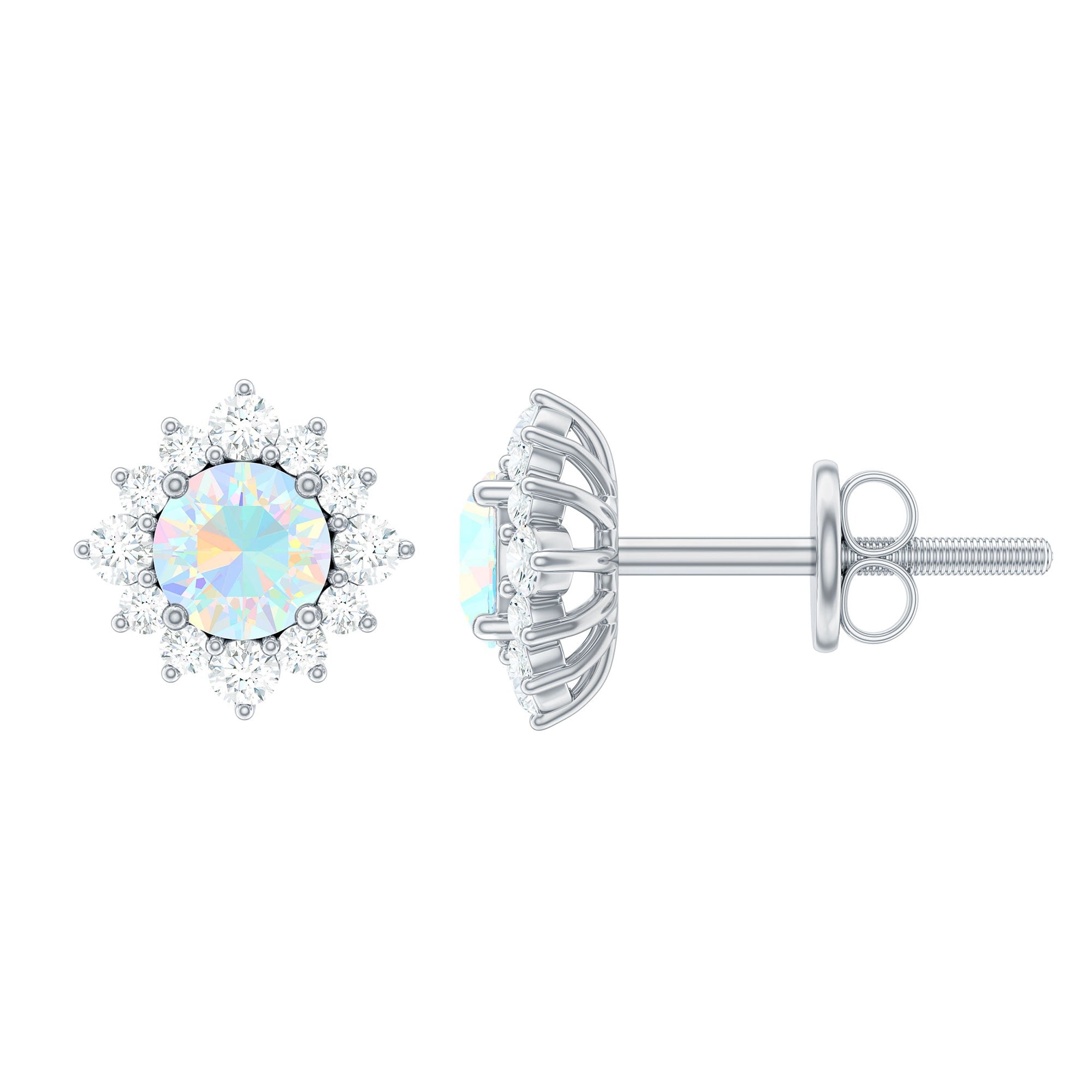 1 CT Classic Ethiopian Opal Stud Earrings with Diamond Halo Ethiopian Opal - ( AAA ) - Quality - Rosec Jewels