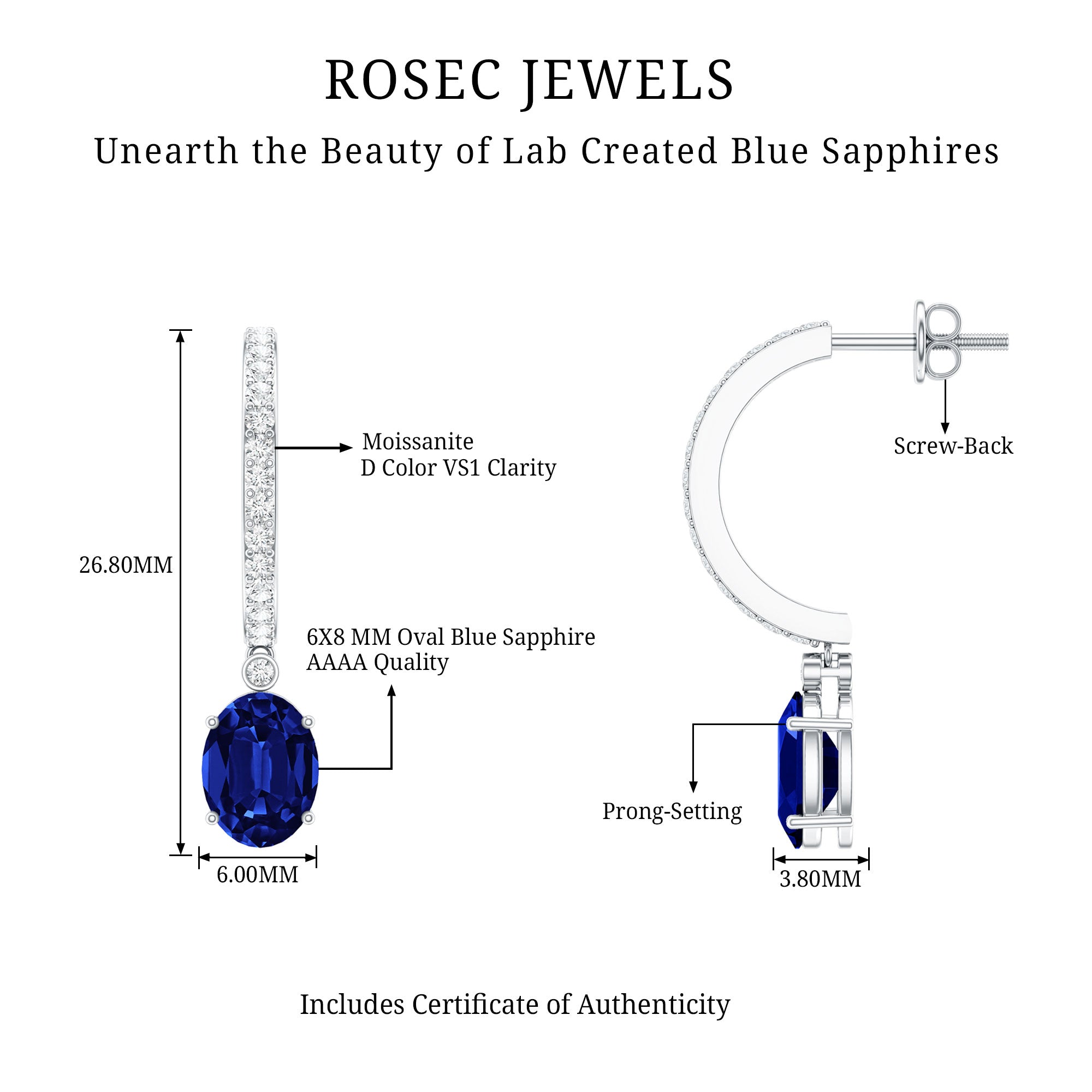 Oval Lab Created Blue Sapphire and Moissanite Hoop Drop Earrings AAAA - Rosec Jewels