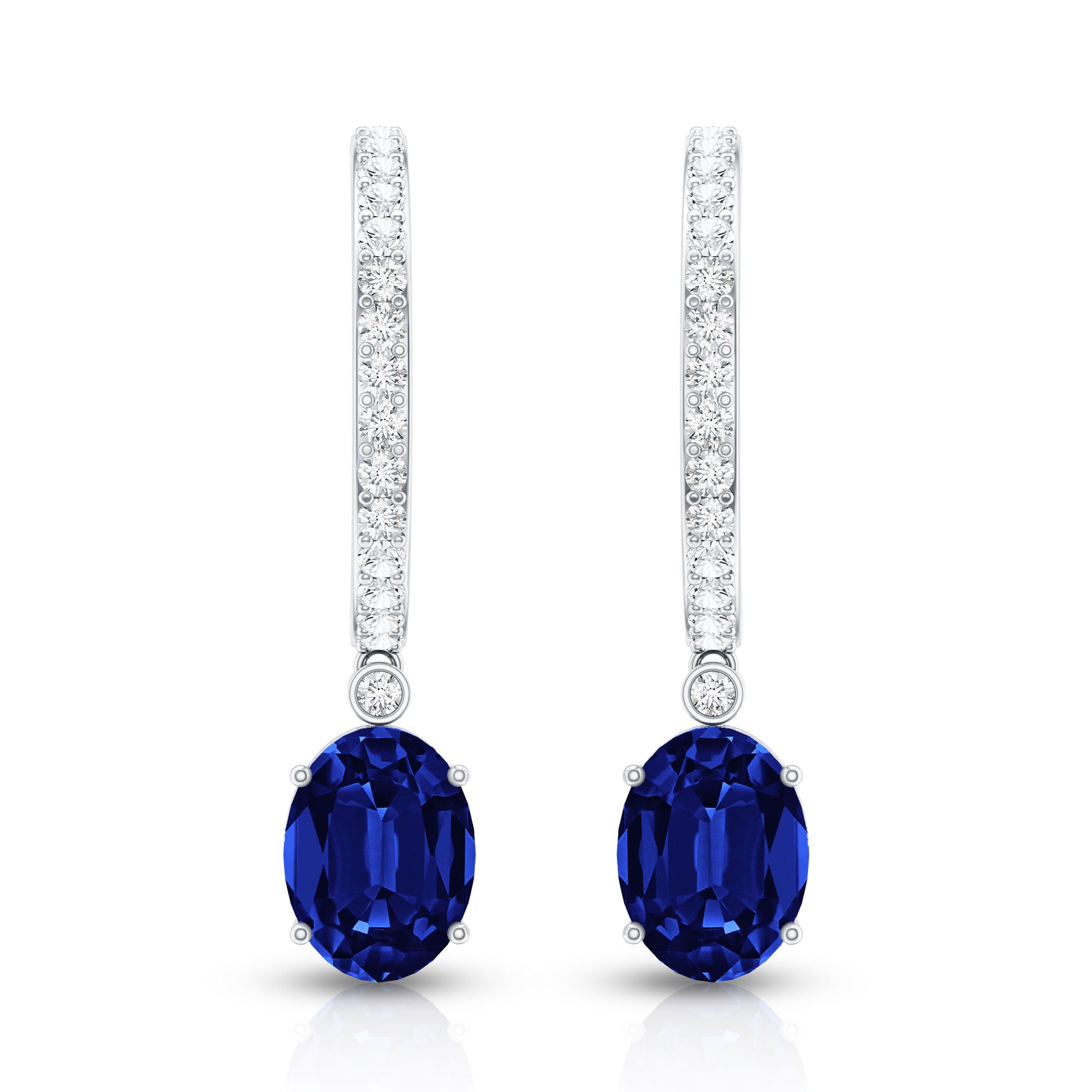 Oval Lab Created Blue Sapphire and Moissanite Hoop Drop Earrings AAAA - Rosec Jewels