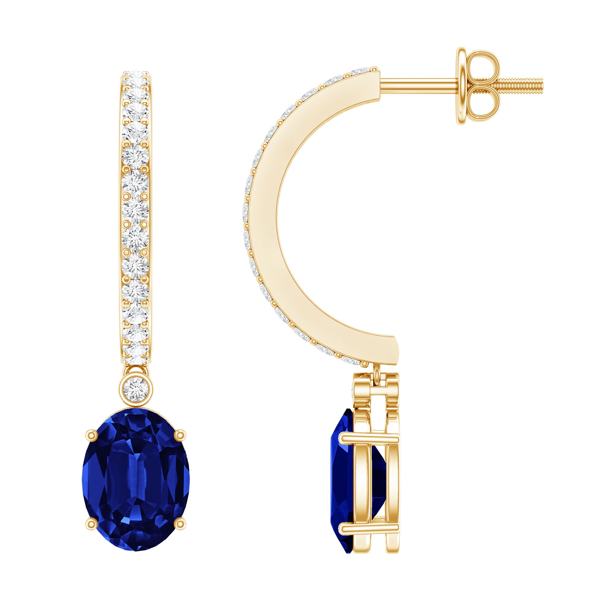 Oval Lab Created Blue Sapphire and Moissanite Hoop Drop Earrings AAAA - Rosec Jewels