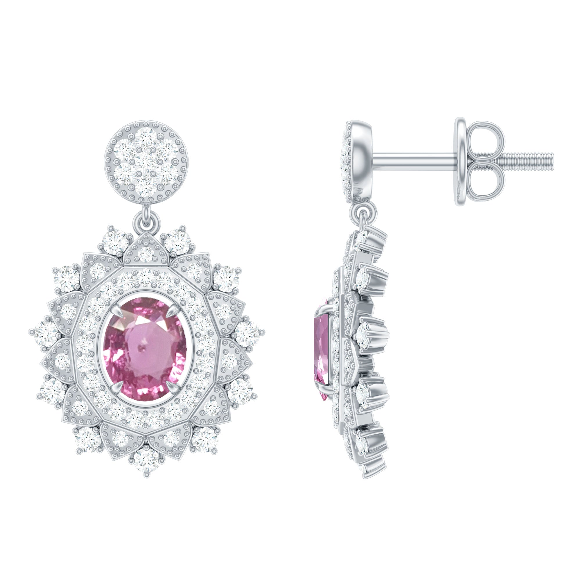 Rosec Jewels-Vintage Inspired Pink Sapphire and Diamond Bridal Dangle Earrings