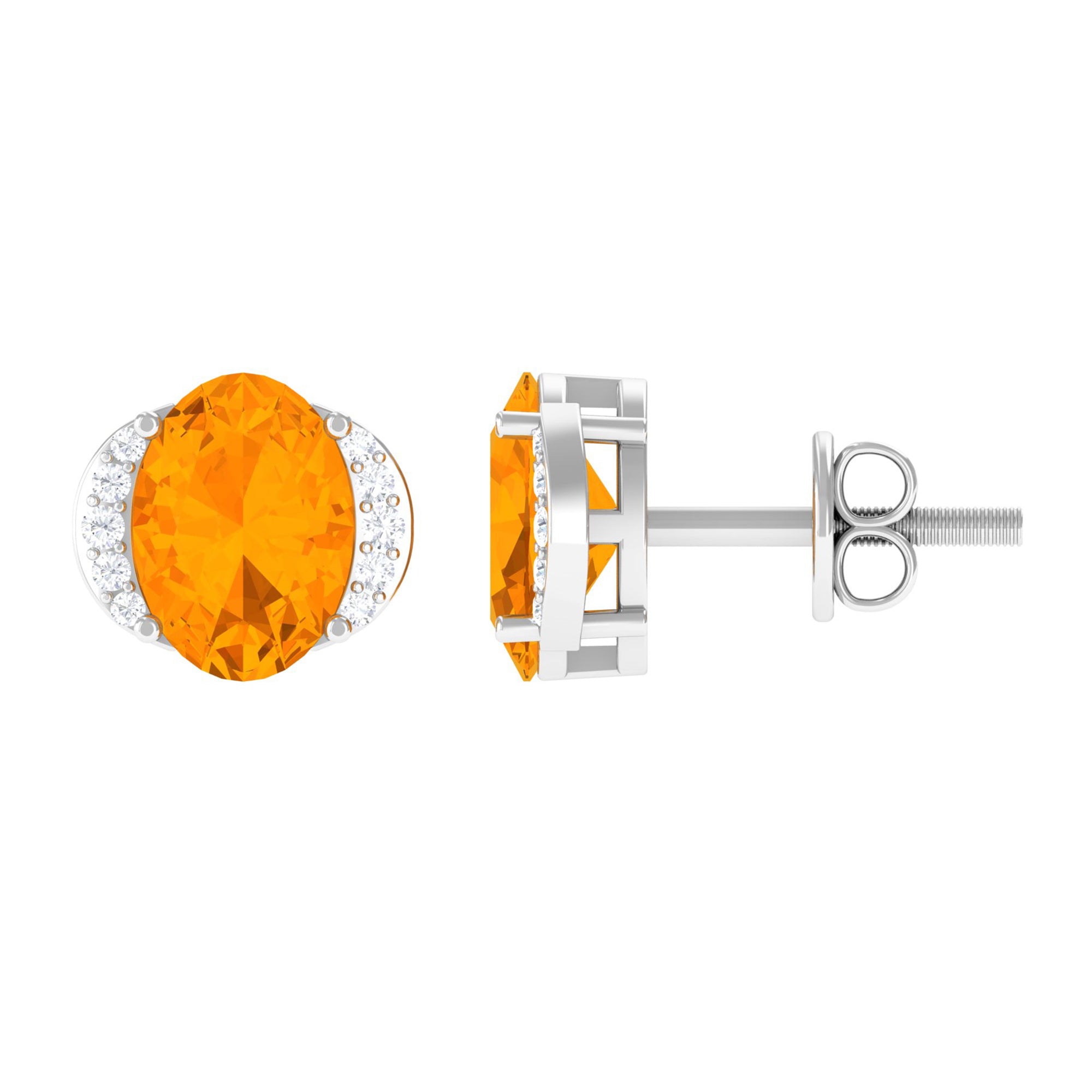 Oval Fire Opal Solitaire Stud Earrings with Diamond Fire Opal - ( AAA ) - Quality - Rosec Jewels